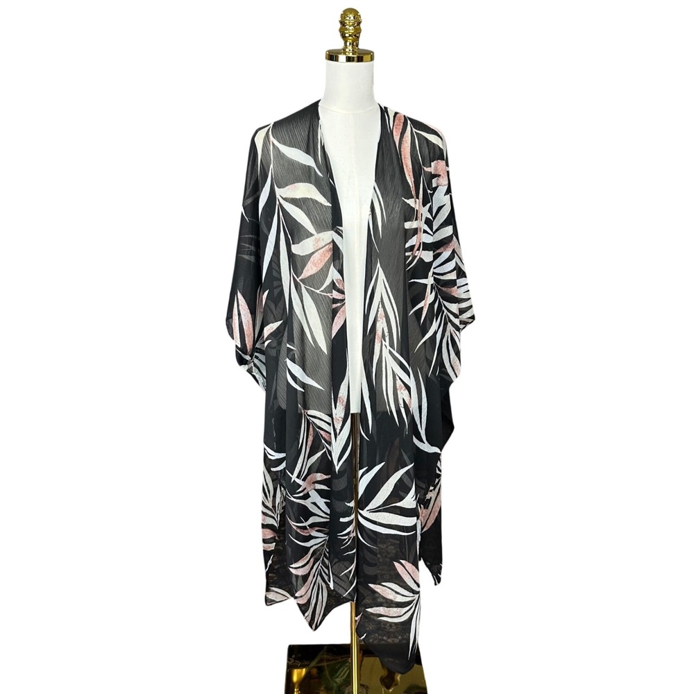 Black Sheer Tropical Palm Leaf Kimono Duster Wrap Beach Coverup One Size